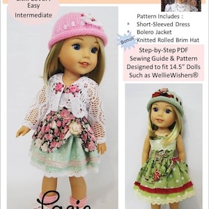 Könnte beinhalten: Ein Nähmuster für eine Puppe mit einem kurzärmeligen Kleid, einer Bolerojacke und einer gestrickten, gerollten Mütze. Das Muster ist für 14,5 Zoll große Puppen konzipiert, wie z. B. Wellie Wishers Puppen. Das Muster enthält eine Schritt-für-Schritt-PDF-Nähhilfe. Das Bild zeigt zwei Puppen, die die fertigen Outfits tragen. Die Puppe links trägt einen rosa Hut, eine weiße gehäkelte Bolerojacke, ein grün-rosa Blumenkleid und rosa Socken. Die Puppe rechts trägt einen grünen Hut, ein grün-rotes Blumenkleid und weiße Socken. Das Bild enthält auch den Text "Little Miss Muffett".