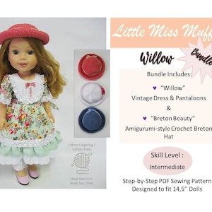 May include: A crochet pattern for a vintage dress and pantaloons, and a Breton-style crochet hat for 14.5 inch dolls. The pattern is called "Willow Bundle" and is an intermediate skill level.