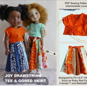 Könnte beinhalten: PDF-Schnittmuster für ein T-Shirt mit Kordelzug und einen Faltenrock für Puppen von 14,5-15 Zoll. Das Schnittmuster ist für ein mittleres Nähniveau. Das Bild zeigt zwei Puppen, die die fertigen Kleidungsstücke tragen. Das T-Shirt ist orange und der Rock ist ein farbenfrohes Patchwork-Design.