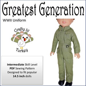 May include: A PDF sewing pattern for a WWII uniform for a 14.5 inch doll. The pattern is designed for intermediate skill level and features a green jumpsuit with a belt.