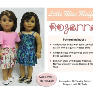 Peut inclure: Patron de couture pour une robe de poupée appelée "Rozanna" de Little Miss Muffett. Le patron comprend des instructions pour trois robes différentes : une robe combinée avec un haut en satin et une jupe, un chemisier en mousseline avec des manches bouffantes superposées et une robe d'été avec un col carré. Le patron est conçu pour les poupées de 45,7 cm et est considéré comme un niveau de compétence intermédiaire.