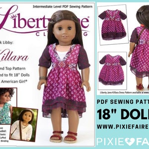 Op de afbeelding: PDF-naai-patroon voor 18 inch poppen, met een roze en bruine jurk met een gelaagde rok. Het patroon heet "Killara" en is ontworpen door Liberty Jane Clothing. Het patroon bevat drie mouwstijlen: 3/4 lengte met elastiek, 3/4 lengte met manchetten en mouwloos.