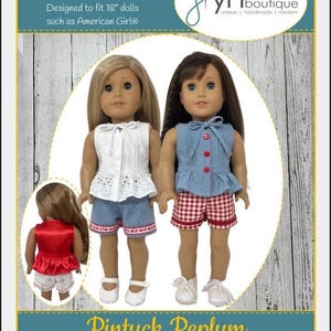 May include: PDF sewing pattern for a pintuck peplum dress for 18-inch dolls, such as American Girl dolls. The pattern is labeled as "Intermediate" and includes instructions for making a white and blue dress with a red and white gingham skirt.
