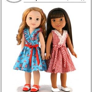 May include: Two 18-inch dolls wearing different versions of a frilly dress. The doll on the left is wearing a blue and white floral dress with a red sash and a red and white bias ruffle. The doll on the right is wearing a red and white gingham dress with a white lace trim and a red bias tie. The text "The Frill Seekers Dress" is at the top of the image.