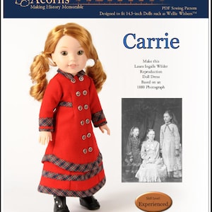 May include: A red and black plaid doll dress sewing pattern for 14.5-inch dolls. The pattern is based on an 1880 photograph and includes instructions for making a dress with a red bodice and a plaid skirt. The pattern is titled "Carrie" and is designed by Thimbles and Acorns.