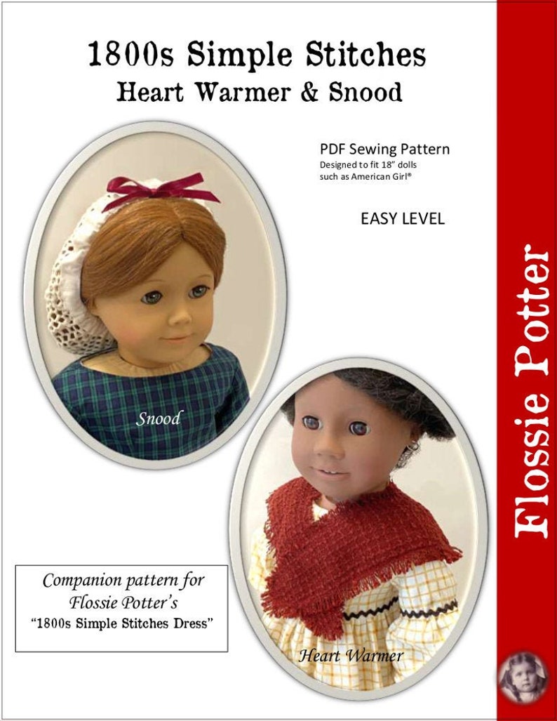 May include: PDF sewing pattern for a heart warmer and snood for 18-inch dolls, such as American Girl dolls. The pattern includes instructions for a heart warmer and a snood, both in a simple stitch style. The pattern is easy to follow and includes a companion pattern for a dress.