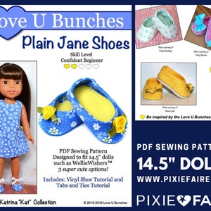May include: PDF sewing pattern for 14.5 inch dolls, called "Plain Jane Shoes" by Love U Bunches. The pattern includes three shoe designs with a vinyl shoe tutorial and tabs and ties tutorial. The pattern is designed for confident beginner sewers.