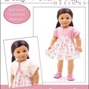 May include: A PDF sewing pattern for an 18-inch doll dress and shrug. The pattern is called "Wellington Dress and Shrug" and is designed by Jelly Bean Soup Designs. The dress is pink and white with a floral print. The shrug is white and fuzzy. The pattern is for confident beginners.