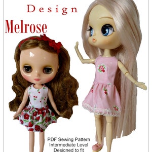 May include: PDF sewing pattern for 20-26.3 cm dolls, such as Middie Blythe® and Dal™. The pattern is for an intermediate level sewer and features two dolls wearing pink and white dresses with floral prints.
