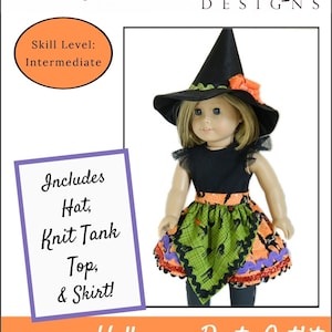 Peut inclure: Un patron de couture PDF pour un costume d'Halloween pour poupée de 45 cm. La tenue comprend un chapeau de sorcière noir, un débardeur en tricot noir et une jupe verte et orange avec un imprimé de chat noir. Le patron est pour des poupées comme American Girl. Le texte sur l'image indique "Jelly Bean Soup Designs, Niveau de compétence : Intermédiaire, Comprend un chapeau, un débardeur en tricot, et une jupe ! Tenue de fête d'Halloween, Patron de couture PDF pour poupées de 45 cm comme American Girl®".