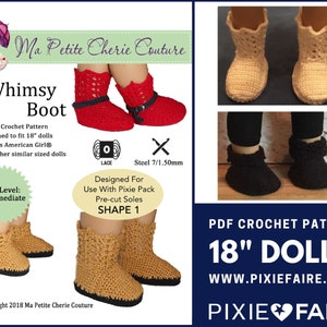 May include: A PDF crochet pattern for 18" doll boots. The image shows examples of the finished boots in red, tan, and black. The boots have a whimsical design and are designed to fit dolls such as American Girl.