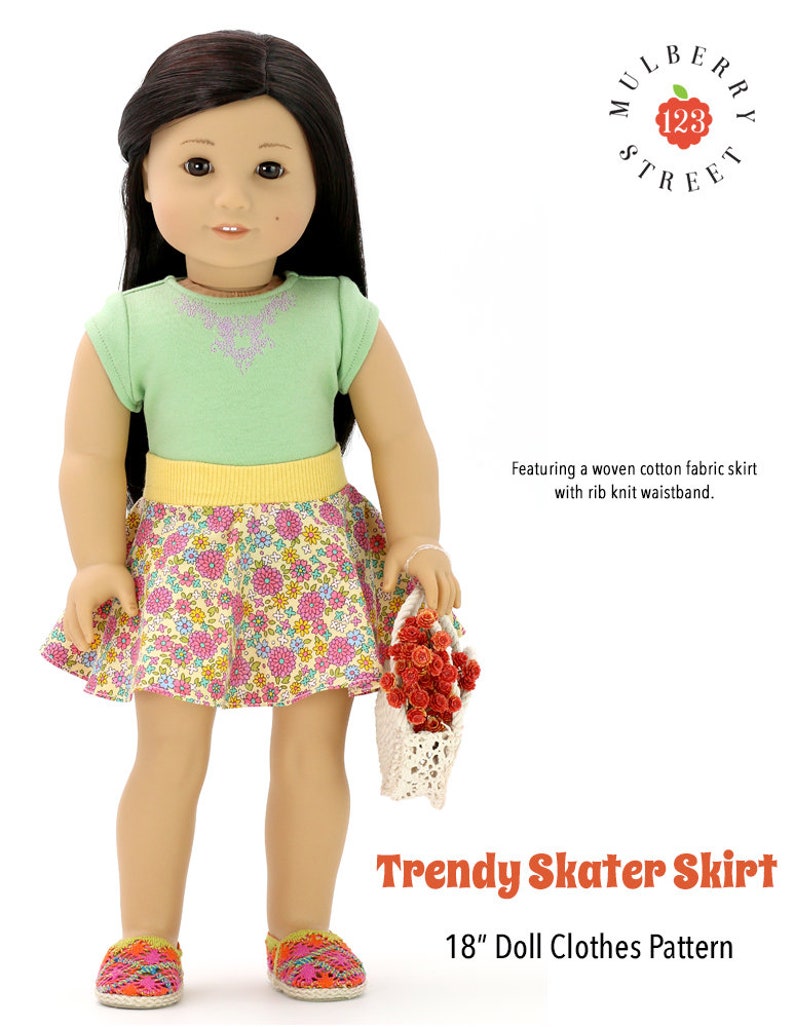 Może przedstawiać: Wz&oacute;r na ubranie dla lalki 46 cm do modnej sp&oacute;dnicy skater. Sp&oacute;dnica jest wykonana z tkanej bawełny z kwiatowym nadrukiem i ż&oacute;łtym pasem. Wz&oacute;r pochodzi z Mulberry Street 123.