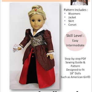 May include: A sewing pattern for a red and black dress with gold trim, designed to fit 18-inch dolls. The pattern includes instructions for making bloomers, a jacket, a skirt, and a corset. The pattern is titled "Majestically Red" and is by Little Miss Muffett.