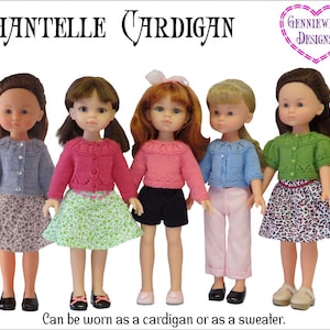 May include: Five dolls wearing different colored knitted cardigans. The cardigans are all the same style, with a round neckline and button closure. The dolls are wearing a variety of skirts, shorts, and pants. The text "CHANTELLE CARDIGAN" and "GENNIEWREN DESIGNS" is at the top of the image. The text "Can be worn as a cardigan or as a sweater." is at the bottom of the image.