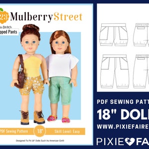 May include: PDF sewing pattern for 18 inch dolls to make Malibu Beach Cropped Pants. The pattern includes instructions and diagrams for sewing the pants. The pattern is designed to fit 18 inch dolls such as American Girl dolls. The pattern is easy to follow and includes a skill level of easy.