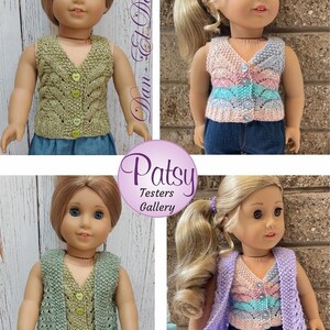 May include: Four images of a doll wearing different knitted vests. The vests are in various colors, including green, blue, pink, and purple. The doll has blonde hair and blue eyes. The vests are all sleeveless and have a V-neck.