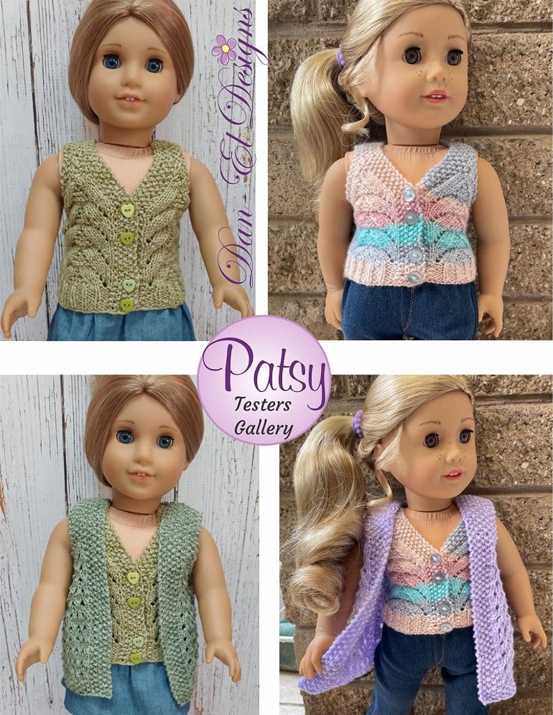 May include: Four images of a doll wearing different knitted vests. The vests are in various colors, including green, blue, pink, and purple. The doll has blonde hair and blue eyes. The vests are all sleeveless and have a V-neck.