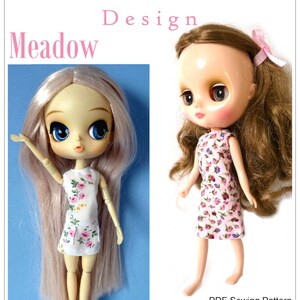 May include: A PDF sewing pattern for a doll dress called "Meadow" by Karen Lorraine Design. The pattern is designed for 20-26.3 cm dolls, such as Middie Blythe and Dal dolls. The dress is a sleeveless, floral print dress with a pink background and white flowers.