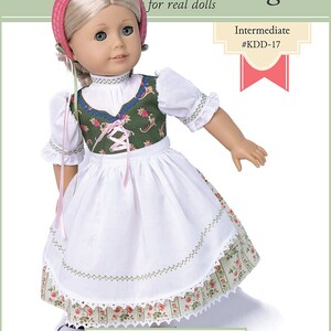 May include: A PDF sewing pattern for a spring dirndl dress for 18 inch dolls, such as American Girl dolls. The pattern is labeled "Spring Dirndl" and "Intermediate #KDD-17".