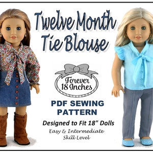 May include: PDF sewing pattern for a tie blouse designed to fit 18 inch dolls. The pattern includes instructions for an easy to intermediate skill level. The image shows two dolls wearing different versions of the blouse.