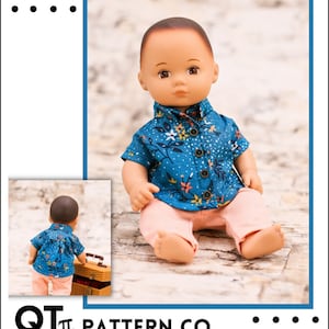 May include: A doll dressed in a blue floral shirt and peach trousers. The shirt is buttoned. The image includes the text "JUST RELAX SHIRT", "QT π PATTERN CO." and "INTERMEDIATE LEVEL PDF SEWING PATTERN FOR 8" DOLLS SUCH AS LITTLE BITTY BABY®".