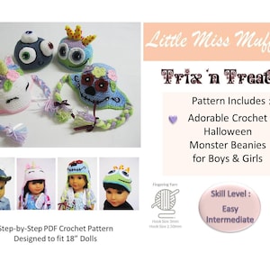 Peut inclure: Un patron de crochet pour réaliser des bonnets de monstre d'Halloween pour poupées de 45 cm. Le patron comprend cinq modèles différents : une licorne, un monstre avec un œil, un monstre avec deux yeux, un monstre avec des points de suture et un monstre avec un visage vert. Le patron est décrit comme étant de niveau facile à intermédiaire.