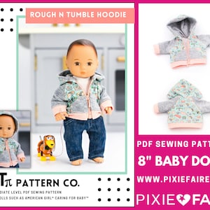 Rough &#39;n&#39; Tumble Hoodie 8 inch Baby Doll Clothes Pattern Fits dolls such as Caring For Baby™ - QT Pi Pattern Co - PDF - Pixie Faire