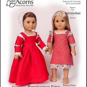 Peut inclure: Un patron de couture pour poupées de 46 cm, mettant en scène deux poupées portant des tenues d'inspiration Renaissance Faire. La poupée de gauche porte une robe rouge avec des bordures en dentelle blanche et un bonnet blanc. La poupée de droite porte une robe corail avec une jupe à imprimé floral. Le patron est intitulé "Renaissance Faire Ensemble de robe à lacets sur le côté".