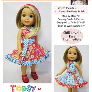 May include: A sewing pattern for a reversible dress and belt for 14.5 inch dolls. The pattern includes a step-by-step guide and is designed for easy to intermediate skill levels. The dress is shown in a pink and blue floral print with white polka dots.