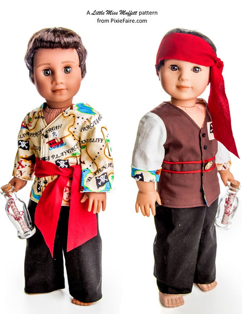 May include: Two dolls dressed as pirates. One doll is wearing a red bandana, a brown vest, and black pants. The other doll is wearing a red sash, black pants, and a shirt with a pirate map print. Both dolls are holding a bottle with a rolled up message inside.