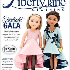 May include: A sewing pattern for a doll dress called "Starlight Gala" designed for 14.5-15 inch dolls. The pattern includes a high-low skirt design, 3/4 sleeve option, sleeveless option, lined skirt and bodice, and invisible zipper closure. The pattern is from Liberty Jane Clothing.