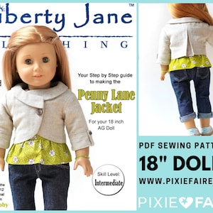 May include: A PDF sewing pattern for an 18 inch doll jacket. The pattern is called "Penny Lane Jacket" and is for an intermediate skill level. The pattern is available for download, printing, and sewing. The image shows a doll wearing the jacket, which is gray with a green and white floral print underneath. The doll is also wearing blue jeans and a green and white floral shirt. The image also includes the text "Liberty Jane Clothing" and "www.pixiefaire.com".