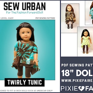 Op de afbeelding: Sew Urban PDF-naaipatroon voor het maken van een draaiende tuniek voor 45 cm poppen. Het patroon bevat instructies voor het maken van een tie-dye tuniek met een bruine riem en een bruine tas.