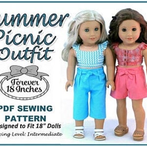 May include: PDF sewing pattern for a summer picnic outfit for 18 inch dolls. The pattern includes a blue and white striped top, blue shorts, and a pink top with pink shorts. The pattern is designed for intermediate sewers.