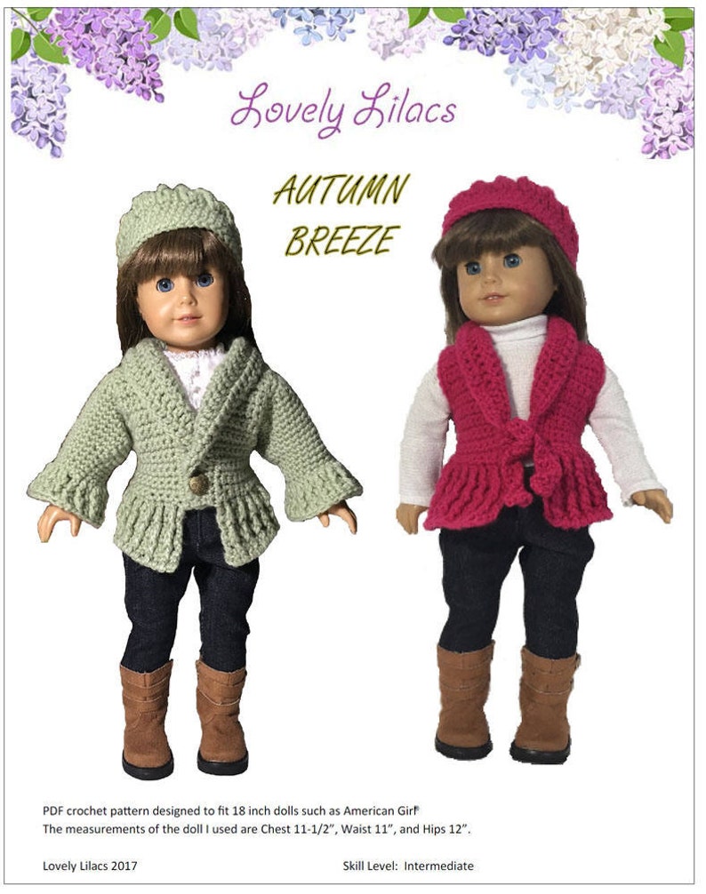 Autumn Breeze Sweater & Hat 18 inch Doll Clothes Crochet Pattern Fits Dolls such as American Girl® Lovely Lilacs PDF Pixie Faire image 1