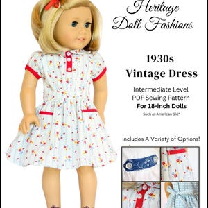 Vintage 30s Dress 18 inch Doll Clothes Pattern Fits Popular 18" Dolls - Heritage Doll Fashions - PDF - Pixie Faire
