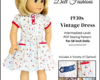 Vintage 30s Dress 18 inch Doll Clothes Pattern Fits Popular 18&quot; Dolls - Heritage Doll Fashions - PDF - Pixie Faire