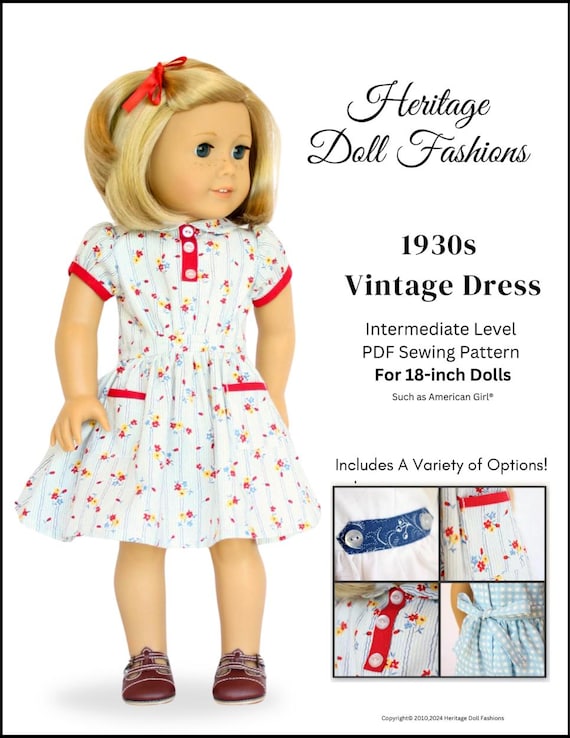 Vintage 30s Dress 18 inch Doll Clothes Pattern Fits Popular 18" Dolls - Heritage Doll Fashions - PDF - Pixie Faire