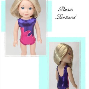 Puede incluir: Un leotardo morado y rosa con un acabado brillante. El leotardo tiene un escote redondo y una espalda baja. El leotardo se muestra en una mu&ntilde;eca.