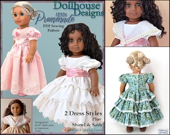 1850s Promenade Dress 18 inch Doll Clothes Pattern Fits Popular 18&quot; Dolls - Dollhouse Designs - PDF - Pixie Faire