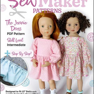 May include: A product image for "Sew Maker Patterns" features two dolls wearing dresses. The text reads "The Jennie Dress PDF Pattern" and "Designed to fit 13" Dolls." One doll wears a pink dress, the other a floral dress. The skill level is intermediate.