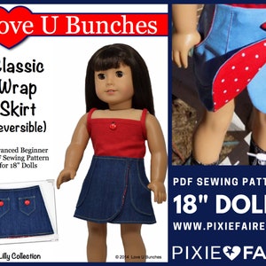 May include: PDF sewing pattern for a reversible wrap skirt for 18 inch dolls. The skirt is blue denim with red polka dot fabric on the reverse side. The pattern is called "Classic Wrap Skirt" and is from the "Lilly Collection".