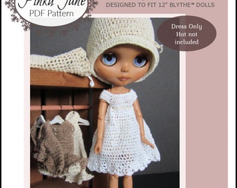 Miss Jane Dress 12 inch Doll Clothes Crochet Pattern Fits 12" Blythe™ Dolls - Pinku Jane - PDF - Pixie Faire