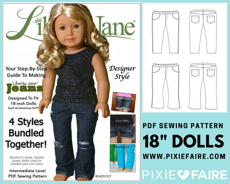 Jeans Bundle 18 inch Doll Clothes Pattern Fits Dolls such as American Girl® Liberty Jane PDF Pixie Faire image 1