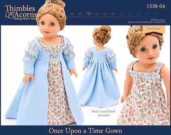 May include: A PDF sewing pattern for a blue and floral print gown for 18 inch dolls. The pattern is titled "Once Upon a Time Gown" and includes a back laced kirtle. The pattern is labeled as intermediate difficulty.