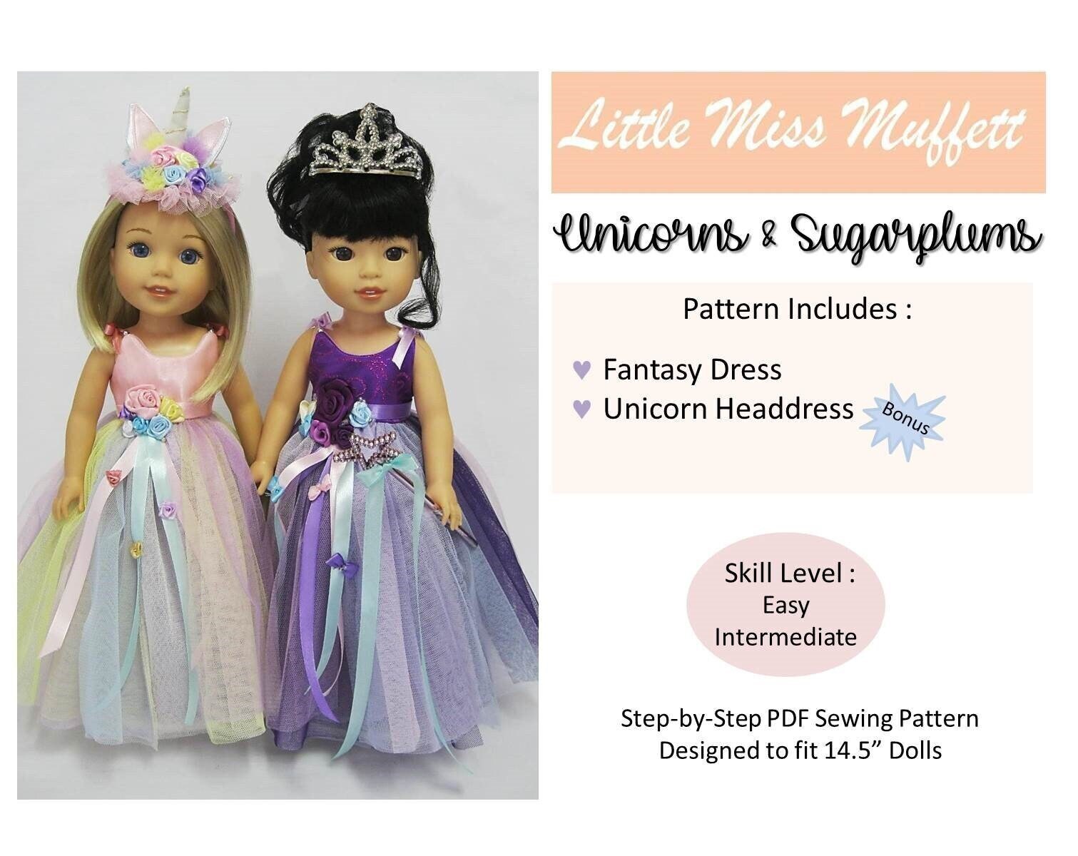 Instant Download 37 cm Puppenkleidung Muster mit Einhörnern und Zuckerpflaumen - Little Miss Muffett - PDF - Pixie Faire