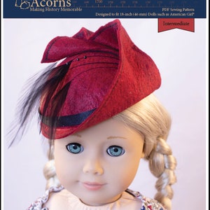 May include: A red felt hat with a black feather and a black ribbon. The hat is designed to fit 18-inch dolls. The pattern is for an intermediate skill level. The text "1940-01" and "1940s Pleated Felt Hat" are visible in the image.
