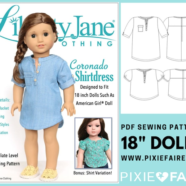 Coronado Shirtdress and Top 18 inch Doll Clothes Pattern Fits Dolls such as American Girl® - Liberty Jane - PDF - Pixie Faire