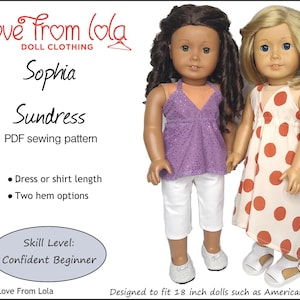 Peut inclure: Patron de couture PDF pour une robe d'été pour poupées de 45,7 cm. Le patron s'appelle "Sophia Sundress" et est conçu pour les débutants confiants. Le patron comprend deux options d'ourlet et peut être réalisé en robe ou en chemise.