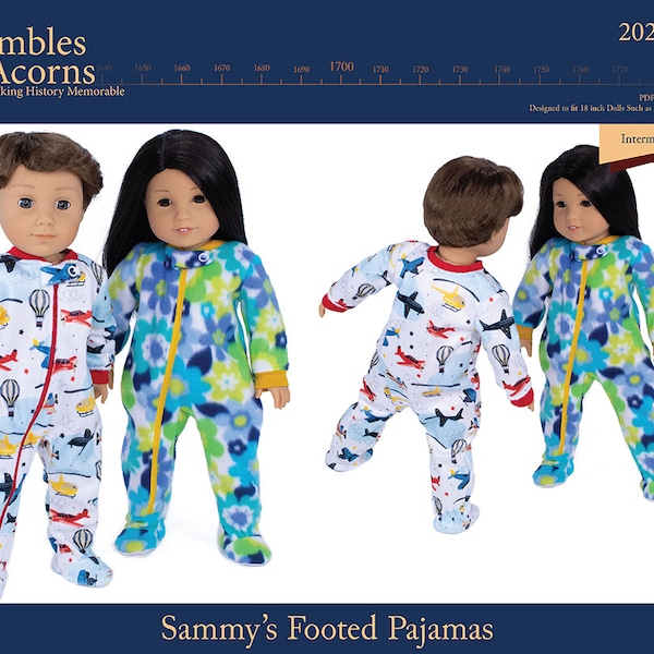 Sammy's Footed Pajamas 18 inch Doll Clothes Pattern Fits Dolls such as American Girl® - Thimbles and Acorns - PDF - Pixie Faire